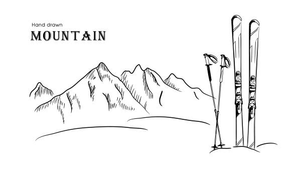 ilustraciones, imágenes clip art, dibujos animados e iconos de stock de mano dibujada de la montaña y esquí ilustración de vector gráfico paisaje blanco negro - ski