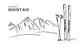 Hand drawn Mountain and ski graphic black white landscape vector illustration