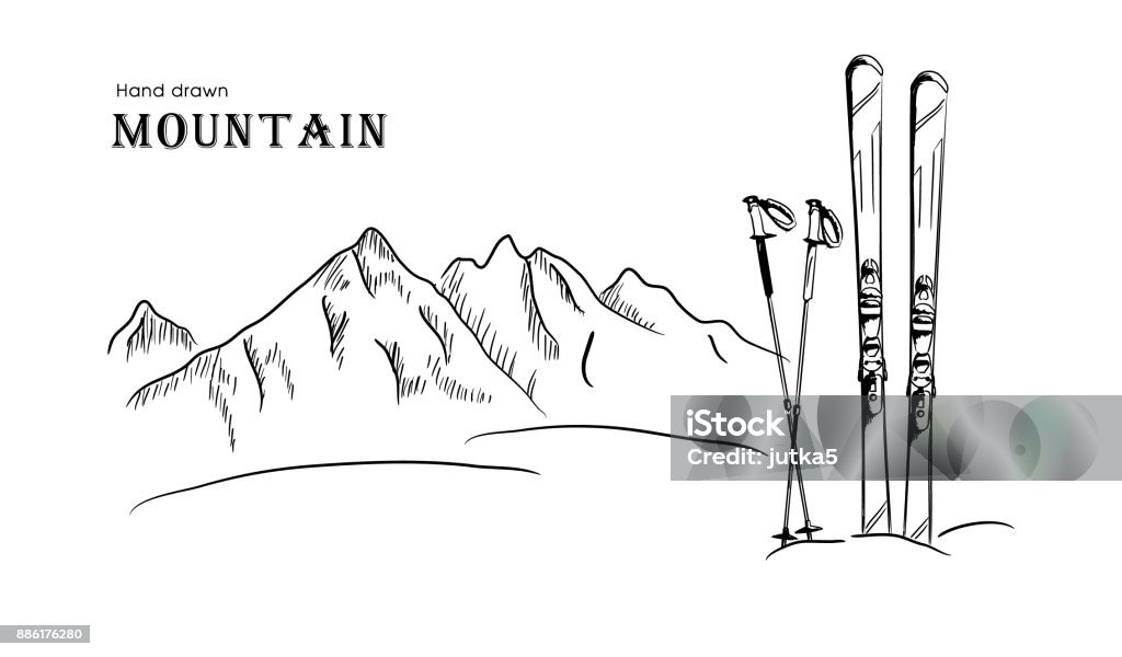 Hand drawn Mountain and ski graphic black white landscape vector illustration Skiing stock vector