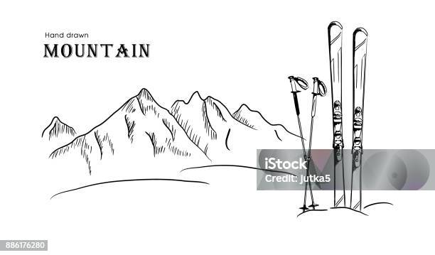 Hand Drawn Mountain And Ski Graphic Black White Landscape Vector Illustration Stock Illustration - Download Image Now