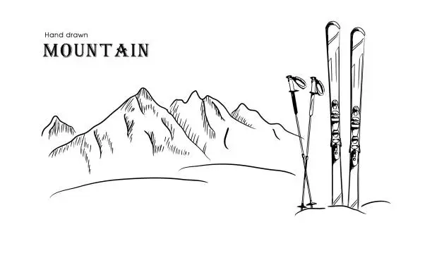 Vector illustration of Hand drawn Mountain and ski graphic black white landscape vector illustration