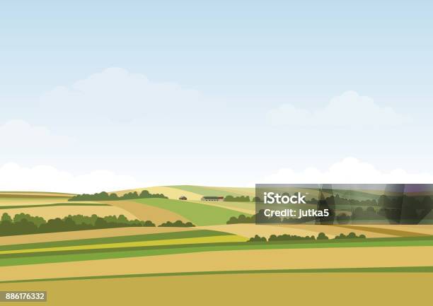 Grüne Hügellandschaft Vektorillustration Von Panorama Feld Landschaft Und Wolke Himmel Stock Vektor Art und mehr Bilder von Agrarbetrieb