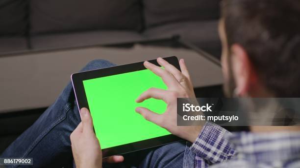 Green Screen Digital Tablet Pc Man Stock Photo - Download Image Now - Digital Tablet, Finger, Zoom Effect