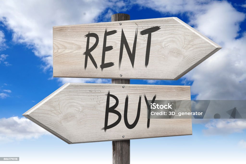 Rent, buy - wooden signpost Wooden signpost with two arrows - "rent, buy", sky in background.

 House Rental Stock Photo