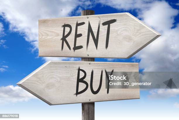 Rent Buy Wooden Signpost Stock Photo - Download Image Now - House Rental, Brown, Buying