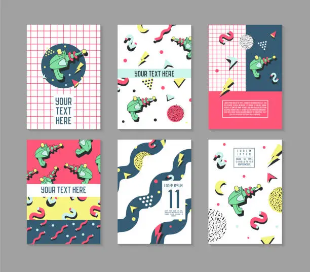 Vector illustration of Posters Set Space Theme. Hipster Abstract Trendy Backgrounds with Geometric Shapes. 80 -90s Fashion Cards, Brochures. Vector illustration