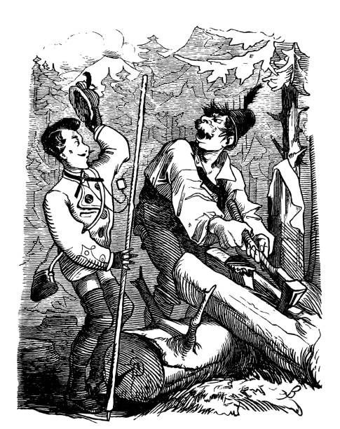 Hunter greeting the lumberjack in the forest Hunter greeting the lumberjack in the forest two men hunting stock illustrations