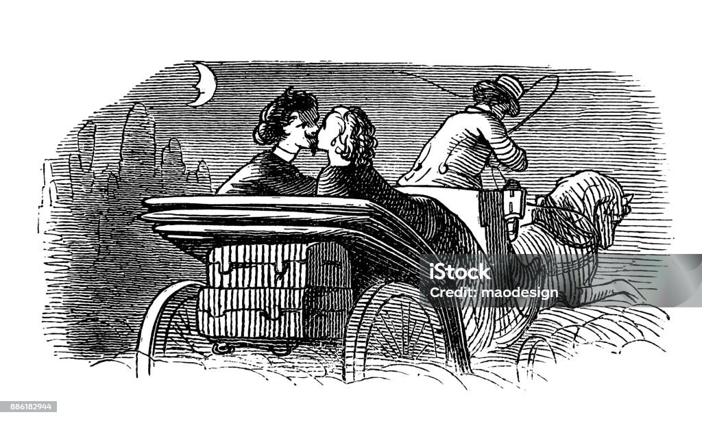 Lovers kiss in a carriage 1867 Book stock illustration