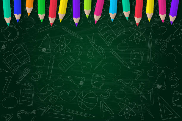 ilustrações de stock, clip art, desenhos animados e ícones de school background with scribbles and coloured pencils. vector. - blackboard chalk drawing chalk banner
