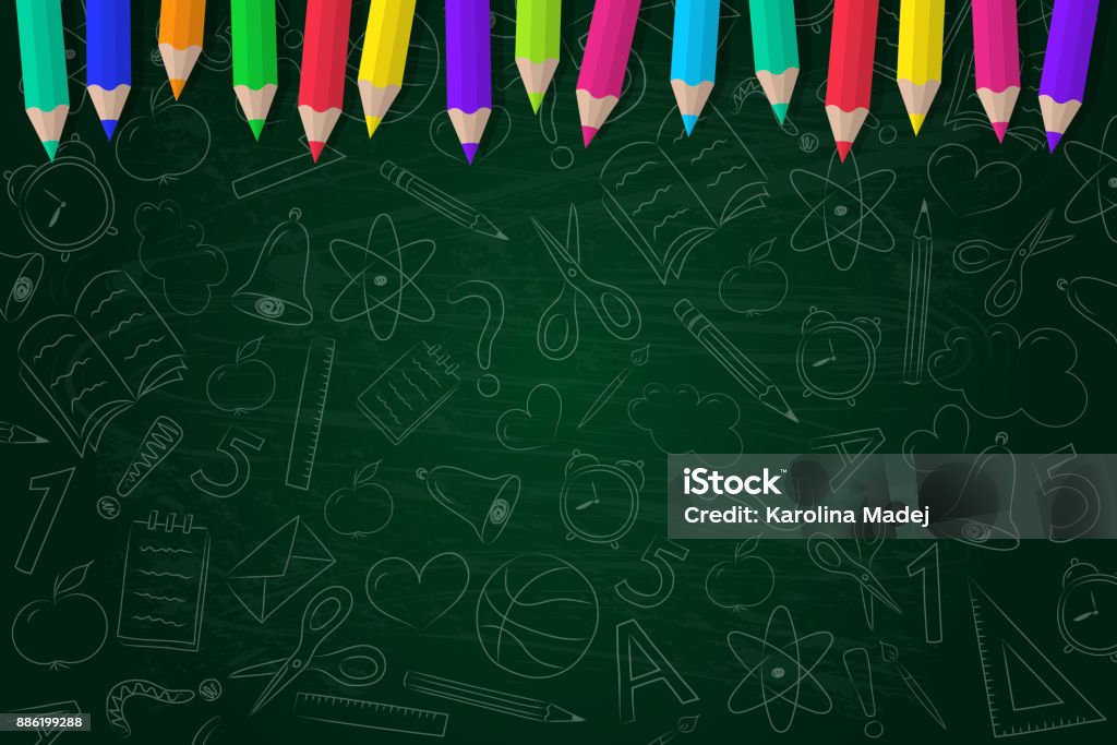 School background with scribbles and coloured pencils. Vector. Backgrounds stock vector