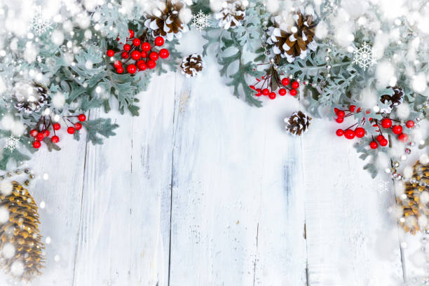 istock Christmas wooden background with snow branch. Top view with copy space for your text 886201882