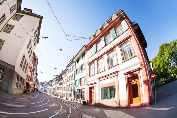 istock Basel streets with tram tracks, shops and houses 886210136