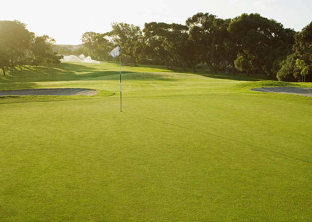 флаг на лужайка вокруг л�унки на поле для гольфа - golf course стоковые фото и изображения