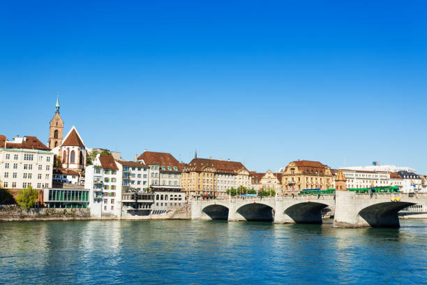 Panoramic view of Basel with Middle Bridge (Mittlere Bruecke) at sunny day