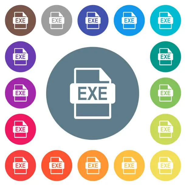 Vector illustration of EXE file format flat white icons on round color backgrounds