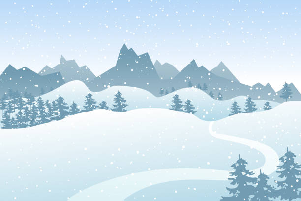 плоский зимний векторный пейзаж с силуэтами деревьев, холмов и гор с падающим снегом. - layered mountain tree pine stock illustrations