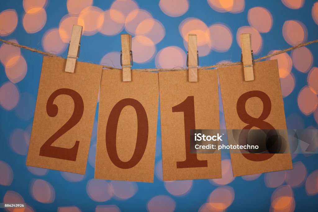 New Year 2018 Concept Clipped Cards and Lights 2018 Stock Photo