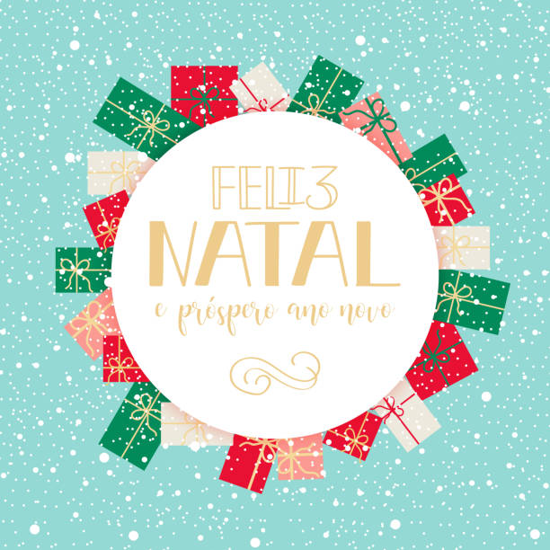 neşeli noel ve mutlu yeni yıl tebrik kartı portekizce: feliz natal e prospero ano novo. - natal stock illustrations