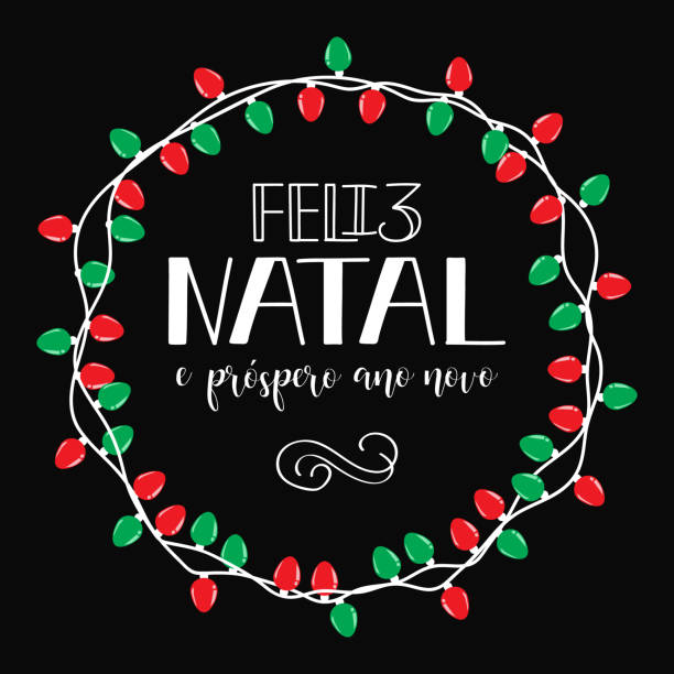 neşeli noel ve mutlu yeni yıl tebrik kartı portekizce: feliz natal e prospero ano novo. - natal stock illustrations