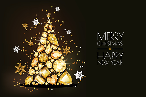 Merry Christmas, Happy New Year greeting card. Vector golden 3d christmas tree, gold gems and snowflakes on black background. Holiday horizontal banner layout, flyer, poster with diamonds, jewels.