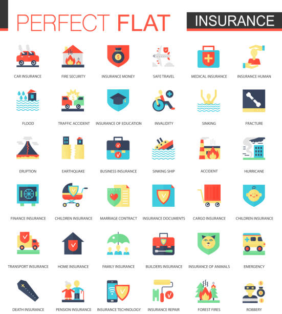 ilustrações de stock, clip art, desenhos animados e ícones de vector set of flat insurance icons - auto accidents symbol insurance computer icon