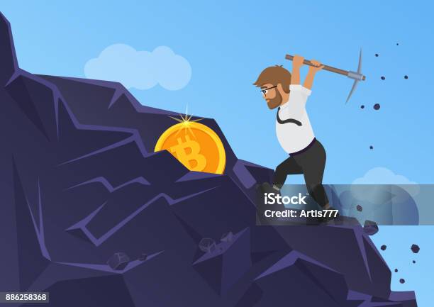 Bitcoin Mining Concept Business Man Digging Coin From The Rock Stock Illustration - Download Image Now