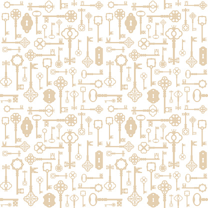 Vintage keys seamless pattern background. For print and web. Gold.