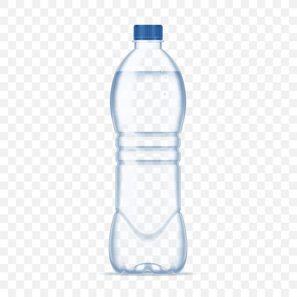 Plastic bottle with mineral water on alpha transparent background. Photo realistic bottle mockup vector illustration. Plastic bottle with mineral water with blue cap on transparent background. Realistic bottle mockup vector illustration. soda bottle stock illustrations