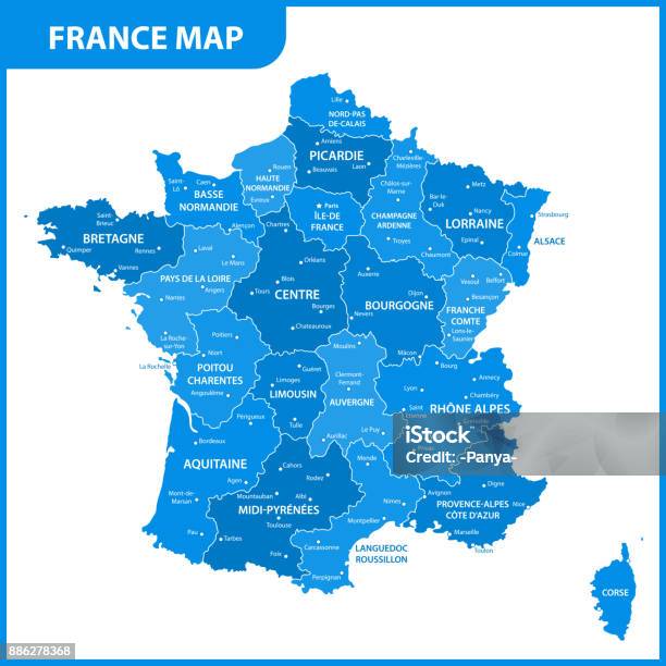 La Mappa Dettagliata Della Francia Con Regioni O Stati E Città Capitale - Immagini vettoriali stock e altre immagini di Carta geografica