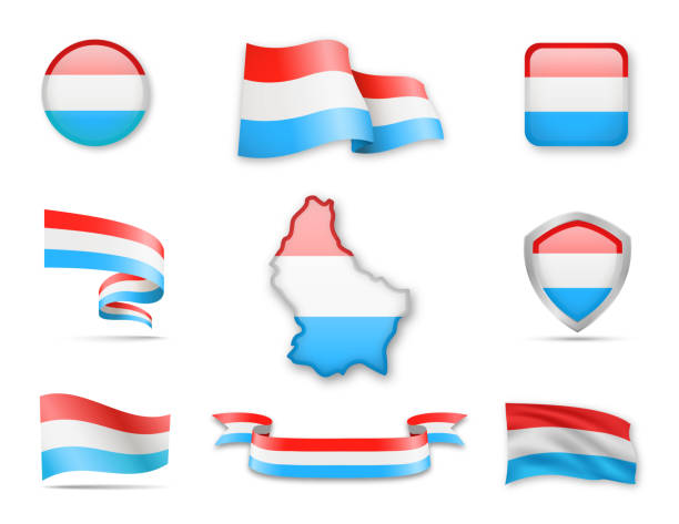 ilustraciones, imágenes clip art, dibujos animados e iconos de stock de colección de banderas de luxemburgo. - luxembourg map cartography flag