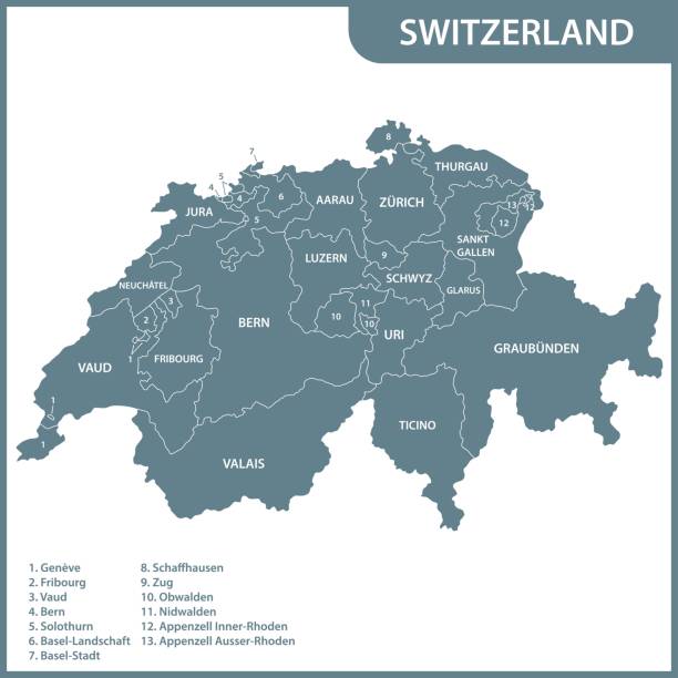 подробная карта швейцарии с регионами или государствами - switzerland stock illustrations