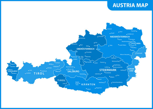 ilustrações, clipart, desenhos animados e ícones de o mapa detalhado da áustria com regiões ou estados e cidades, capital - capital cities illustrations