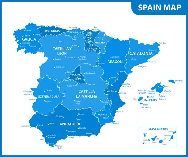 ilustraciones, imágenes clip art, dibujos animados e iconos de stock de el mapa detallado de españa con ciudades, regiones o estados y capitales - barcelona sevilla