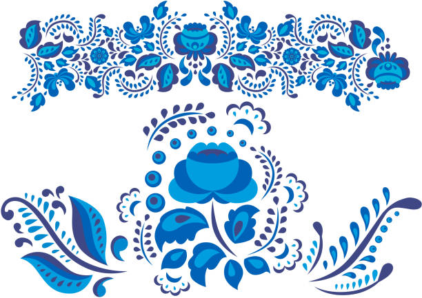 illustrazioni stock, clip art, cartoni animati e icone di tendenza di ornamenti russi arte stile gzhel dipinto con blu su fiore bianco tradizionale fiorire popolare ramo modello illustrazione vettoriale - russian culture traditional culture souvenir folk music