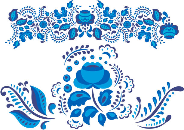 ilustrações, clipart, desenhos animados e ícones de estilo de gzhel ornamentos russo arte pintada com azul sobre a ilustração vetorial flor branca flor popular tradicional ramo padrão - russian culture ornate pattern vector