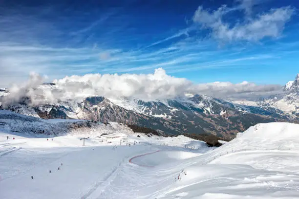 The ski slope. Ski resort of Grindelwald in Switzerland. Bernese Alps.