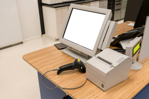 istock desktop computer, and bar code scanner for financial business in shopping store 886298104