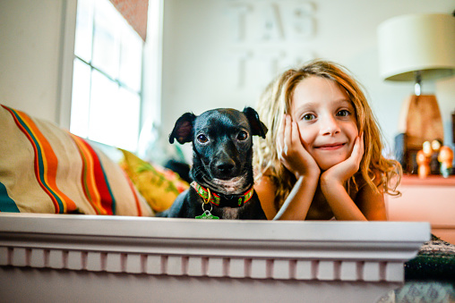 Little girl, 7 years old, cute and adorable, at home in a child's bedroom with her cute little pet dog, candid, casual, lifestyle