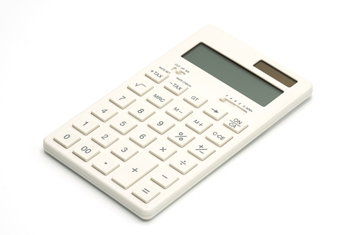 White calculator on white background as background business concept and Education concept with copy space.