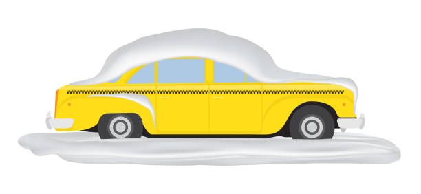 겨울에 눈 속에서 노란 택시입니다. 평면 벡터 일러스트 레이 션 eps10 - vehicle light stock illustrations