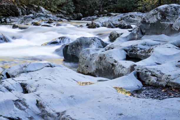 rushing речной воды с изолированными отражениями золотой осенней листвы - north carolina mountain river autumn стоковые фото и изображения