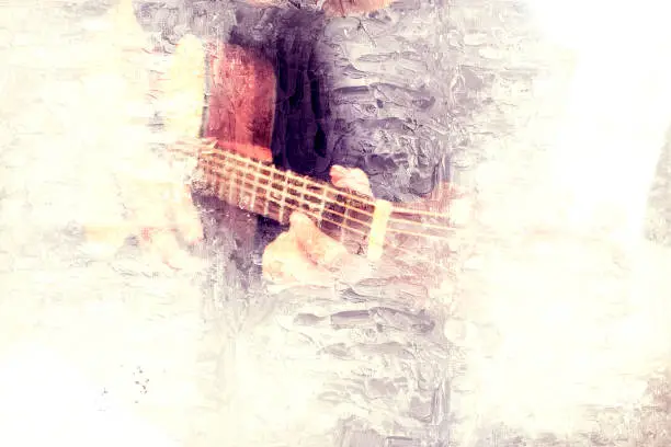 Photo of Abstract beautiful playing Guitar in the foreground on Watercolor painting background and Digital illustration brush to art.