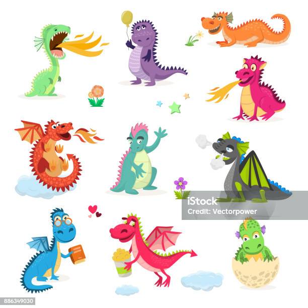 Dragon Cartoon Vector Cute Dragonfly Dino Character Baby Dinosaur For Kids Fairytale Dino Illustration Isolated On White Background Stock Illustration - Download Image Now