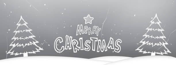 Merry Christmas with pine tree on snow. Night sky with starry or snowflakes. Lettering design in doodle style for Holiday and Happy New Year. bw01 stock illustrations