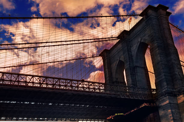 Brooklyn Bridge over East River viewed from New York City Lower Manhattan waterfront at sunset.
