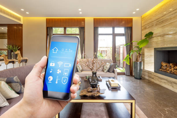 istock smart phone with smart home with modern living room 886354696