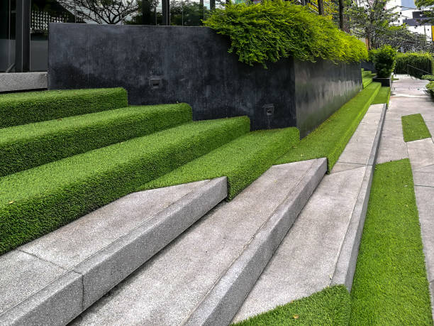 istock Hardscape of modern building stairway decoration with artificial grass 886360316