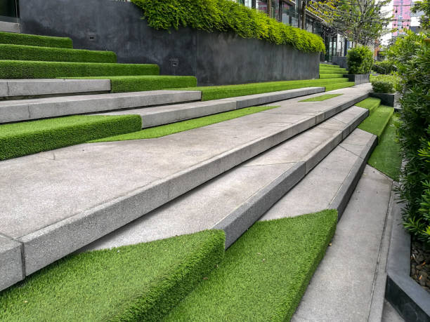 istock Hardscape of modern building stairway decoration with artificial grass 886360318