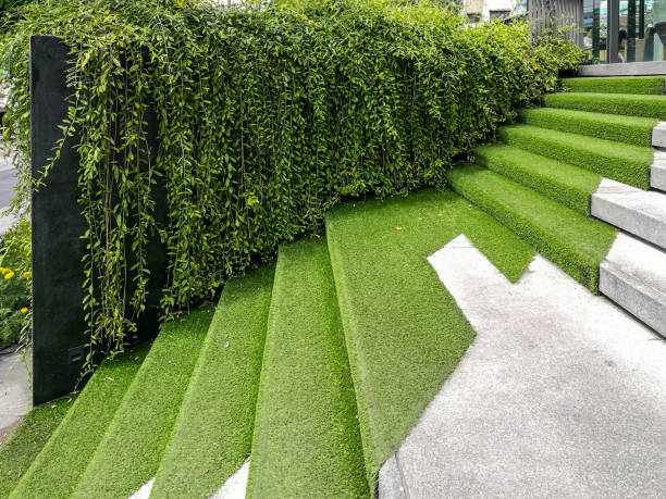 istock Hardscape of modern building stairway decoration with artificial grass 886360346