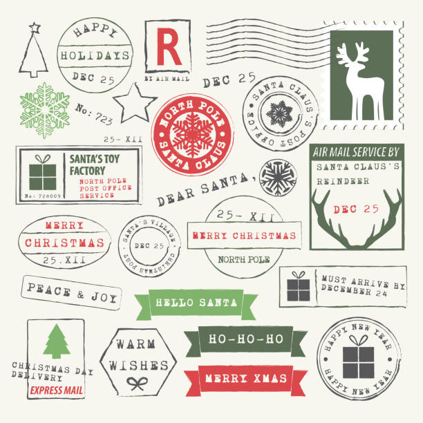 illustrazioni stock, clip art, cartoni animati e icone di tendenza di collezione di francobolli natalizi - mail postcard message letter